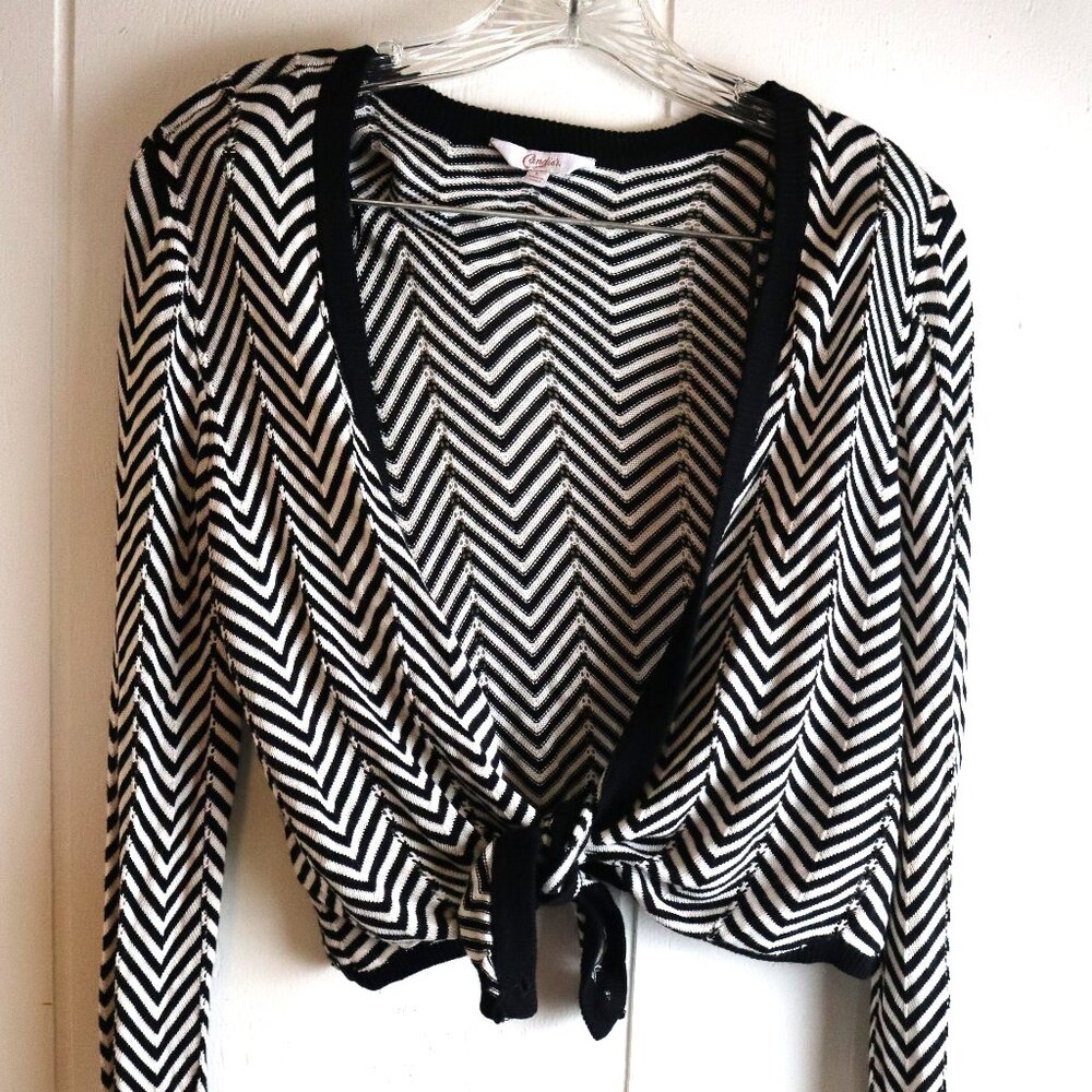 Y2K Candies Tie Front Cardigan Black White Chevron Womens Large Emo Scene Punk